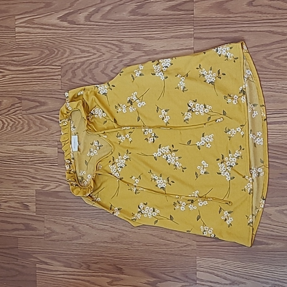 Melloday Ruffle Smocked Neck Sleeveless Yellow Floral Crepe Stretch Top Small